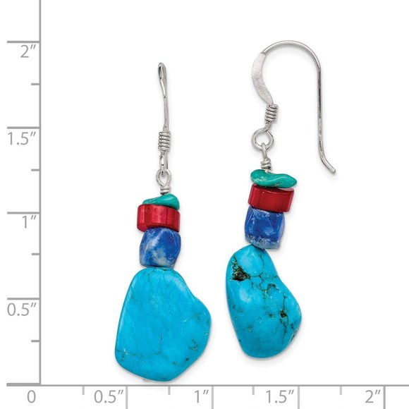 925 Sterling Silver Red Coral, Howlite, Lapis, Turquoise Dangle Drop Earrings - Picture 4 of 4